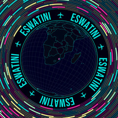Eswatini on globe. Satellite view of the world centered on Eswatini. Bright neon style. Futuristic radial bricks background. Powerful vector illustration.