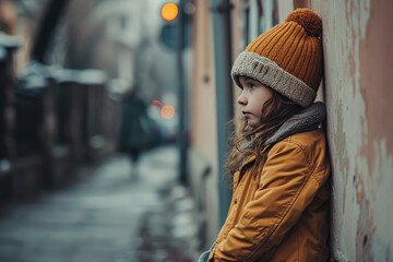 Sad Child Alone On City Street, Feeling Unhappy