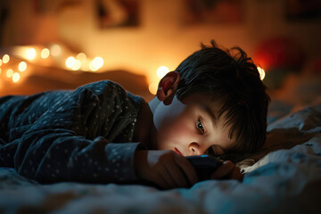 Sleepdeprived And Addicted Child Using Smartphone At Night