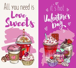 Illustration set for Valentine's Day themed designs, coffee cookies, chocolates, candies, DIY, digital printing, t-shirt designs, stickers, bar signs and more.