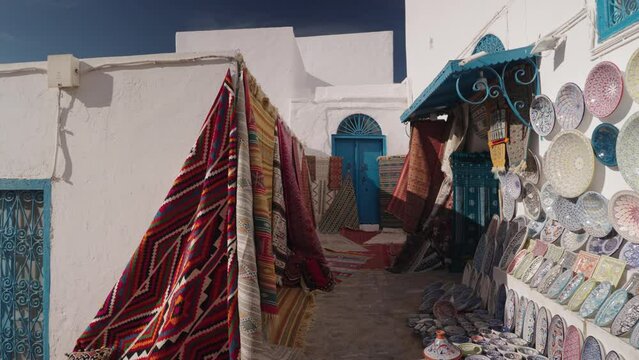 Carpet Rug Shop on The Street of an Incredibly Charming Town of the Blue City Sidi Bou Said, Tunisia