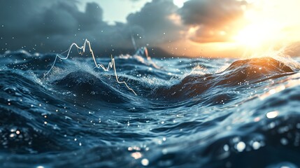 rising stock market graph superimposed on a backdrop of ocean water droplets, symbolizing growth in the water-related investment sector. - obrazy, fototapety, plakaty