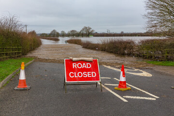 Storm Henk, the River Ouse bursts its banks and floods the agricultural fields around the villages of Kelfield and Cawood, near Selby, North Yorkshire in January, 2024.   Horizontal.  Space for copy.