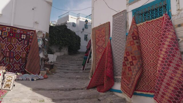 Carpet Rug Shop on The Street of an Incredibly Charming Town of the Blue City Sidi Bou Said, Tunisia