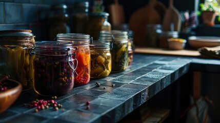 Jar with different pickled vegetables - obrazy, fototapety, plakaty