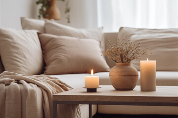 Modern house interior details. Simple cozy beige living room interior with sofa, decorative pillows, wooden table with candles and natural decorations. Generative AI