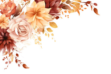 Autumn floral corner border with dahlia, rose and eucalyptus leaves. Fall frame, banner, background. Burnt orange flowers, yellow, terracotta foliage. Watercolor illustration. Rustic wedding