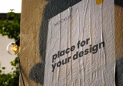 Vertical Paper Sign Paste on Street Wall Mockup