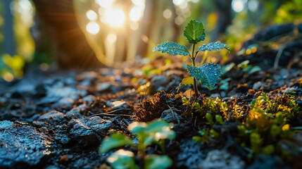 Small plant growing in the soil with morning sunlight and lens flare.