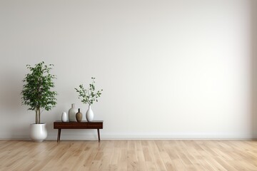 A minimalist living room with a wooden table, plants, and vases