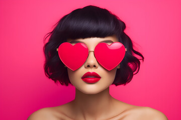 Portrait of a woman with red lips and pink heart shapped glasses on pink background