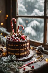 Fototapeta na wymiar Christmas laired cake with candy cane