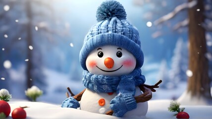 Snowman in a blue knitted hat and scarf in winter forest