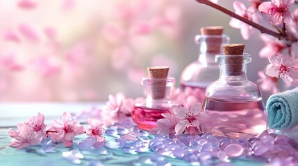 Obraz na płótnie Canvas Spa still life with sakura flowers and essential oil on wooden background