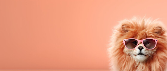 Lion with Pink Sunglasses on Peach fuzz Background