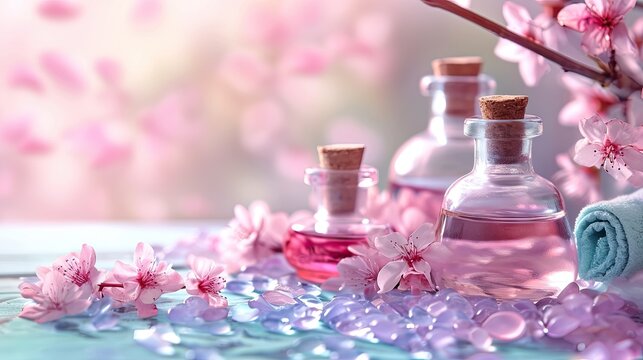 Spa still life with sakura flowers and essential oil on wooden background