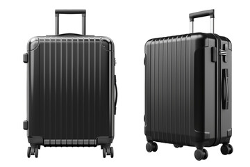 Set of black suitcases is cut out on a transparent or white background. Travel and vacation concept. Close-up of a suitcase as a design element to be inserted into a design or project.