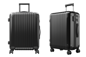 Set of black suitcases is cut out on a transparent or white background. Travel and vacation concept. Close-up of a suitcase as a design element to be inserted into a design or project.