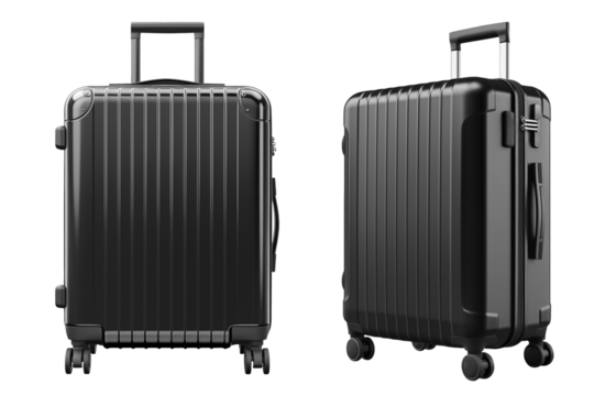 Set of black suitcases is cut out on a transparent or white background. Travel and vacation concept. Close-up of a suitcase as a design element to be inserted into a design or project.