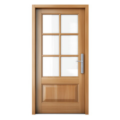 A door for an apartment with transparent windows is cut out on a transparent background. Light wooden door with transparent windows in a modern style. Element to insert into the project