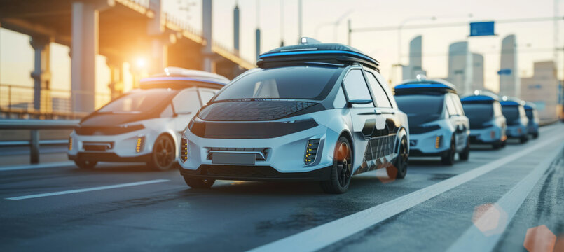 Futuristic self-driving robotaxi autonomous car riding on highway with AI technology and navigation