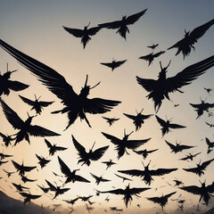 Silhouettes of fantasy birds flying