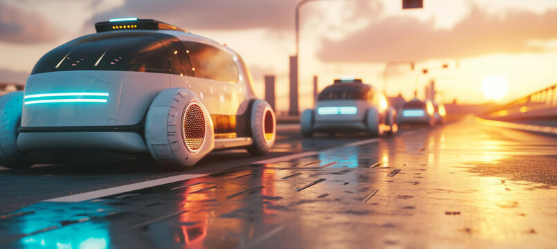 Futuristic self-driving robotaxi autonomous car riding on highway with AI technology and navigation