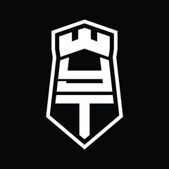 YT Letter Logo monogram hexagon shield shape up and down with crown castle isolated style design