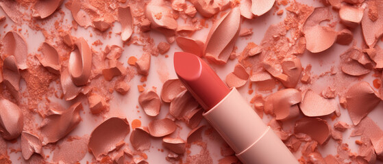 Exquisite Coral Lipstick amidst Artistic Shavings on a Peachy Backdrop