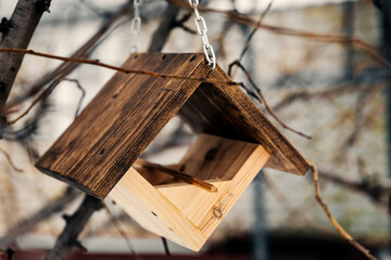 Wooden bird feeder for feeding birds in winter. The concept of hunger and survival of birds in winter.