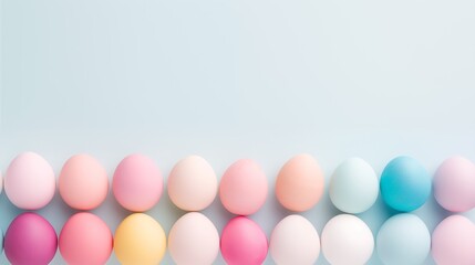 Easter eggs painted in nice pastel colors, flat lay composition, soft natural lighting, pastel background, space for text, banner