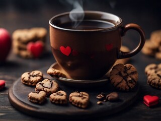 A delightful image featuring a cup of tea and heart-shaped cookies, creating an inviting and love-filled atmosphere, perfect for Valentine's Day