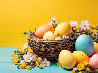 A festive image features a nest with pastel Easter eggs and flowers against a vibrant background, creating a cheerful springtime celebration scene