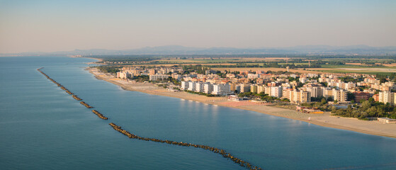 Drone shot of Adriatic shoreline.Summer vacation concept.Lido Adriano town,Adriatic coast, Emilia...