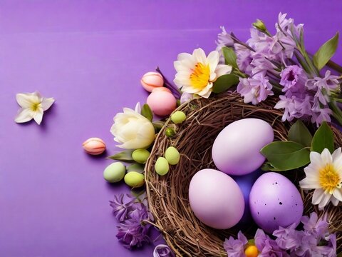 A festive image features a nest with pastel Easter eggs and flowers against a vibrant background, creating a cheerful springtime celebration scene