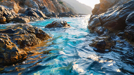 rocky coast of the Mediterranean Sea at sunset. waves breaking on the rocks. Beautiful seascape with turquoise water and rocks. Sea waves close-up. - obrazy, fototapety, plakaty