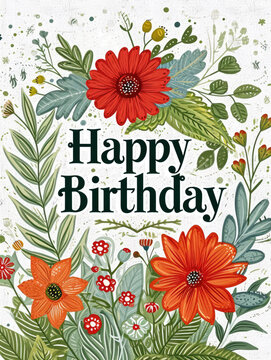 A vibrant floral Happy Birthday card with cheerful blossoms and hand-drawn lettering.