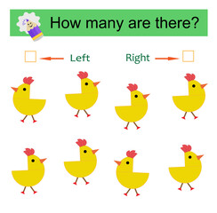 Left or Right. Educational game for kids. Count how many chicks are turned left and how many are turned right.