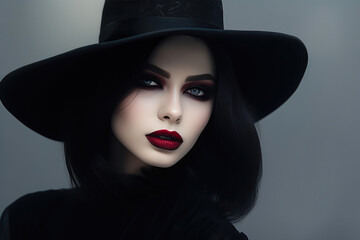 Gothic Glamour: Dark-Lipped Woman with Enigmatic Hat