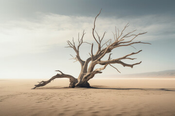 Sublime Isolation: Barren Tree amidst Desert Dunes