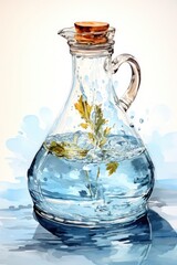An illustration of a sealed water jug with vibrant bubbles and green leaf accents using a watercolor technique.