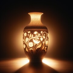 Radiant vintage Chinese porcelain vase, warm backlight, botanical engraving, wooden table, dark room, soft glow