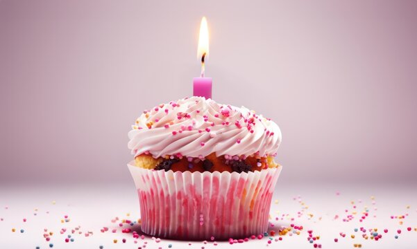 Βirthday cupcake with one pink candle and colorful sprinkles closeup view 