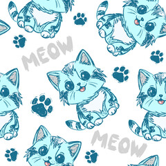 Cute kitten seamless pattern, vector boy cat with paw and meow