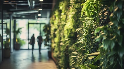 Modern corporate office interior with vibrant green walls, eco-friendly sustainable design elements, and an array of lush indoor plants enhancing the workspace environment.