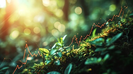 A graphical representation of a rising stock market trend line superimposed on a serene natural backdrop, symbolizing economic growth in harmony with the environment. - obrazy, fototapety, plakaty