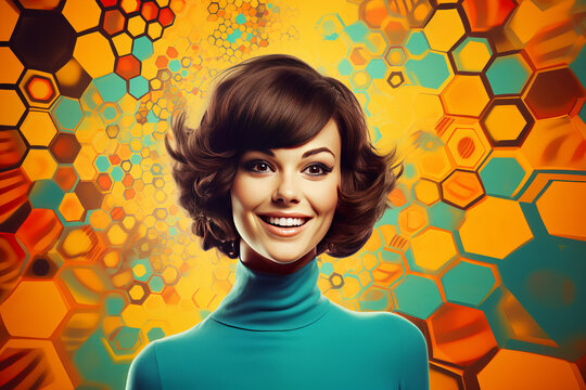 Joyful Woman with Retro 60s Background Portrait of a cheerful woman with a beehive hairstyle, set against a vibrant 1960s inspired psychedelic background. AI generative 