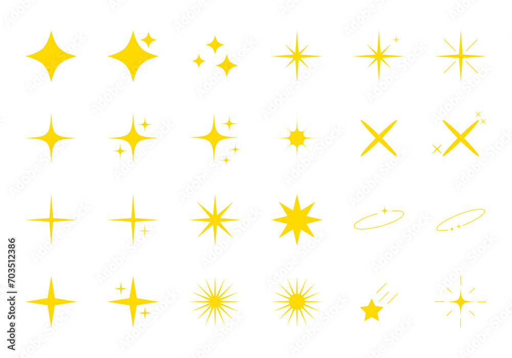 Wall mural yellow sparkles set, vector sparkling stars, shiny flashes of fireworks. set of star elements of var