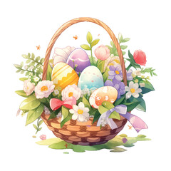 easter multicolored eggs with flowers in a basket watercolor on white background
