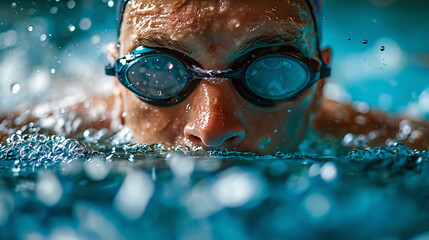 Fototapeta premium Portrait of a swimmer in goggles and cap swimming in the pool. 